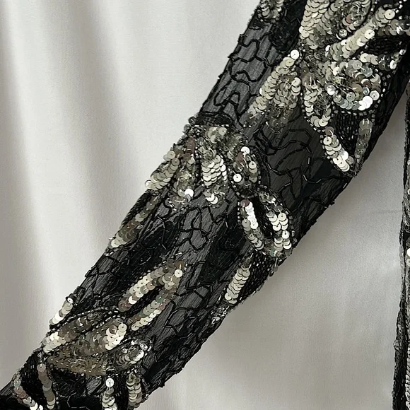 Sweelo Vtg Black/Silver Sequins Beaded Long Sleeve Silk Jacket Coat **Sz M**🌺🌺 - Picture 5 of 6